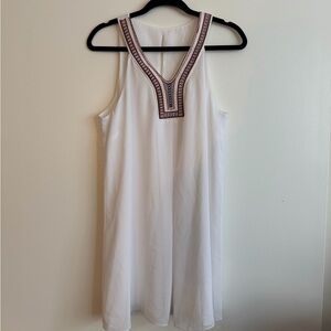 White Sleeveless Dress with Embroidered V-Neck